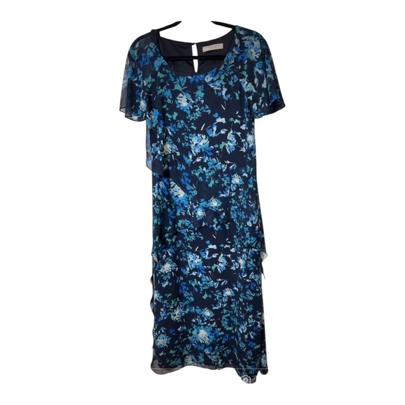 Jacques Vert Collection Blue Floral Chiffon Midi Cocktail Dress Size 10 - Picture 1 of 17